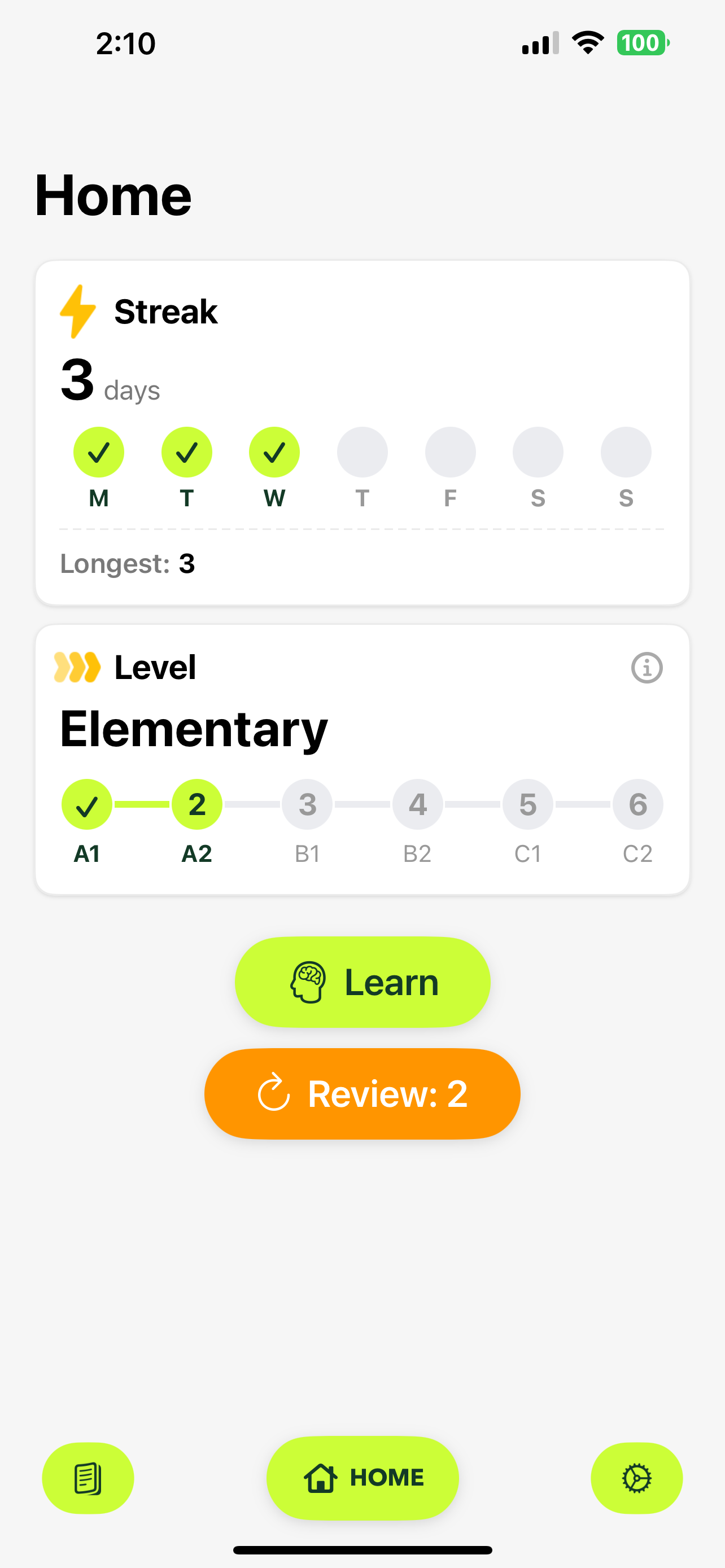 Home screen with streak and level tracking